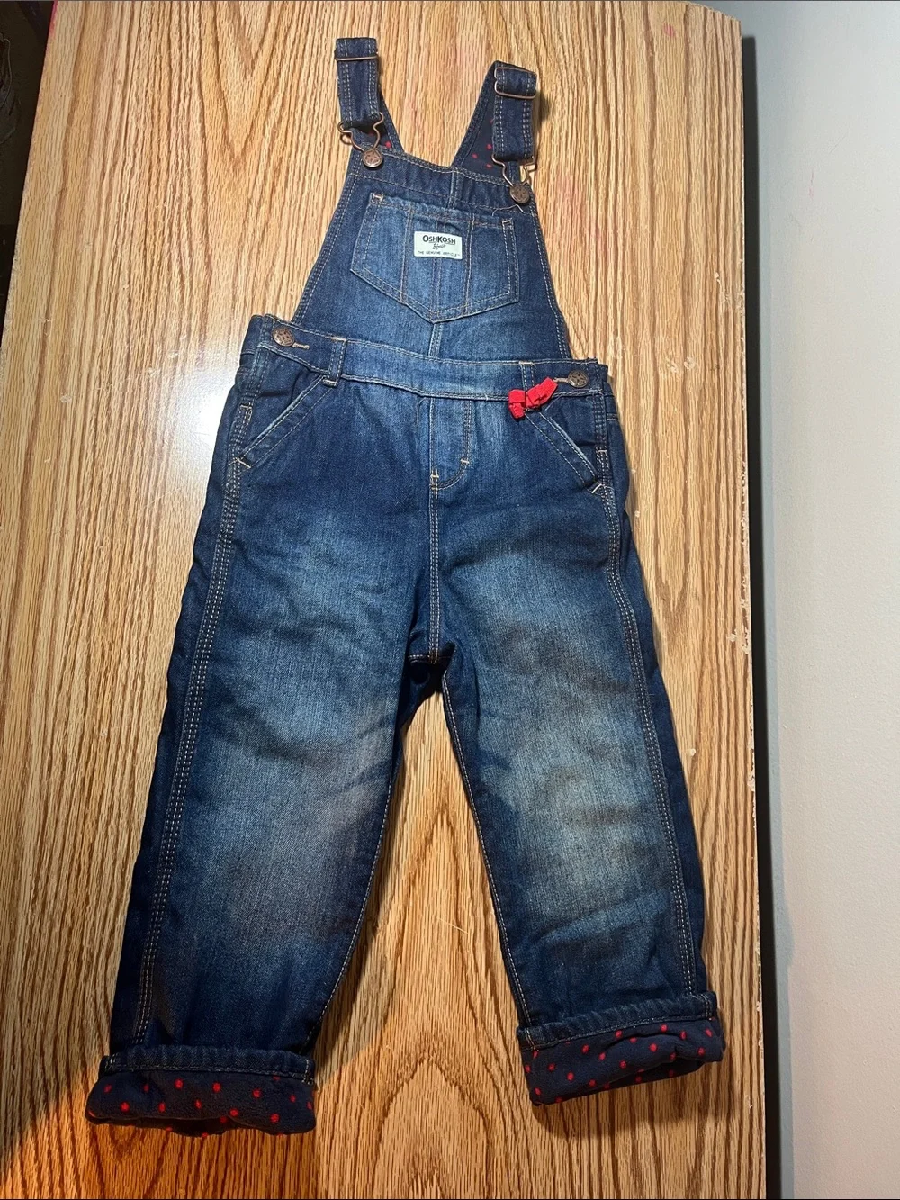 OshKosh B'gosh Dark Blue Denim Overalls with Red Accents 4T